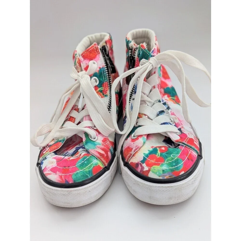 Girls' (Size 1) Floral Canvas High-Top Sneakers/Shoes w/Laces & Side Zippers